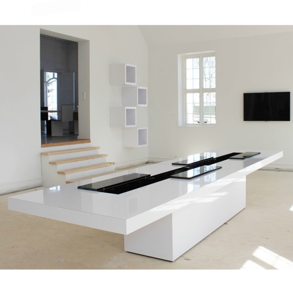 High Glossy White and Black Boardromm Table with Multimedia Sockets