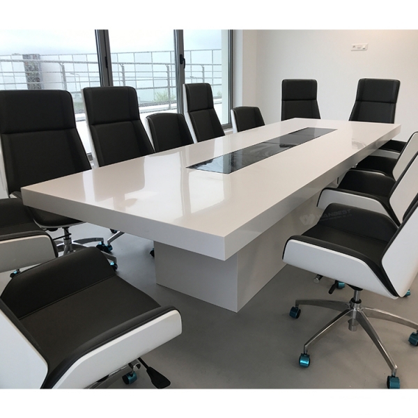 High Glossy White and Black Boardromm Table with Multimedia Sockets