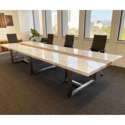 Marble Quartz Stone Multimedia Conference Table with Steel Base