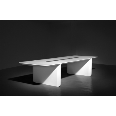 White Corian stone conference microphone system table