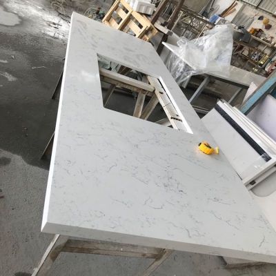 Waterfall edge countertop carrara marble wallper kitchen co...