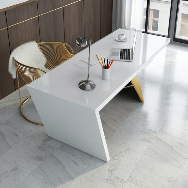 Office computer table with gold metal frame and drawer