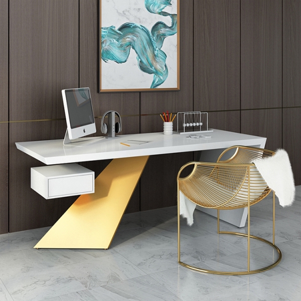 Office computer table with gold metal frame and drawer