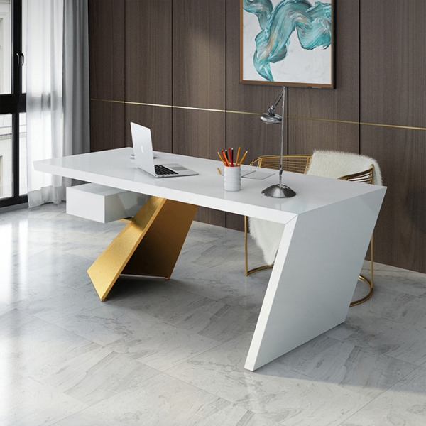 Office computer table with gold metal frame and drawer