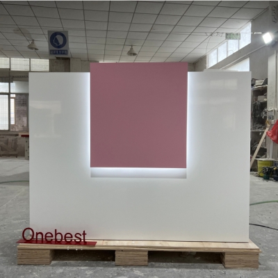 Mini Size Store Cashier Counter Modern White and Pink Reception Desk
