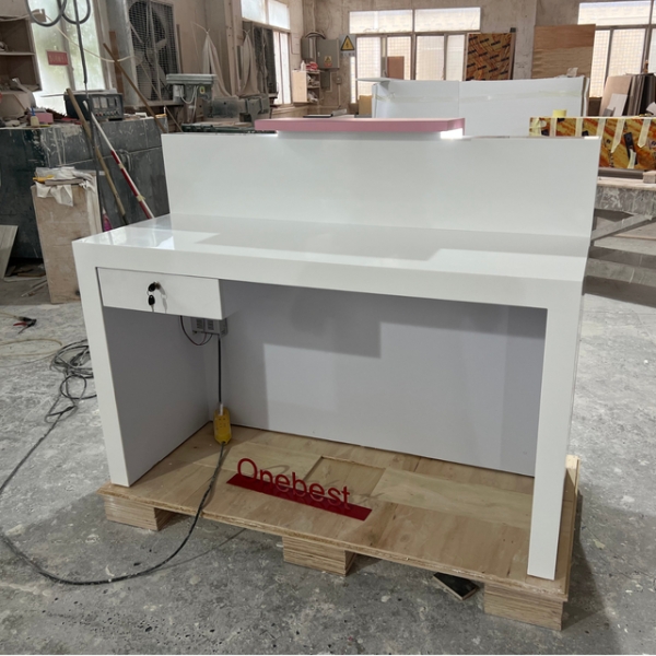Mini Size Store Cashier Counter Modern White and Pink Reception Desk