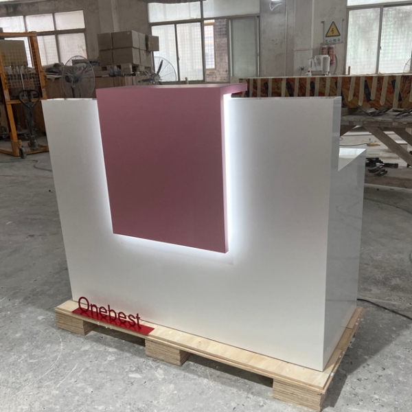 Mini Size Store Cashier Counter Modern White and Pink Reception Desk