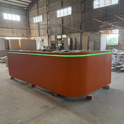 L Shape Orange Corian Marble Reception Desk With Led RGB Strip