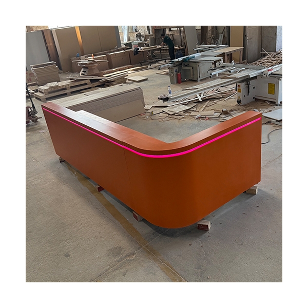 L Shape Orange Corian Marble Reception Desk With Led RGB Strip