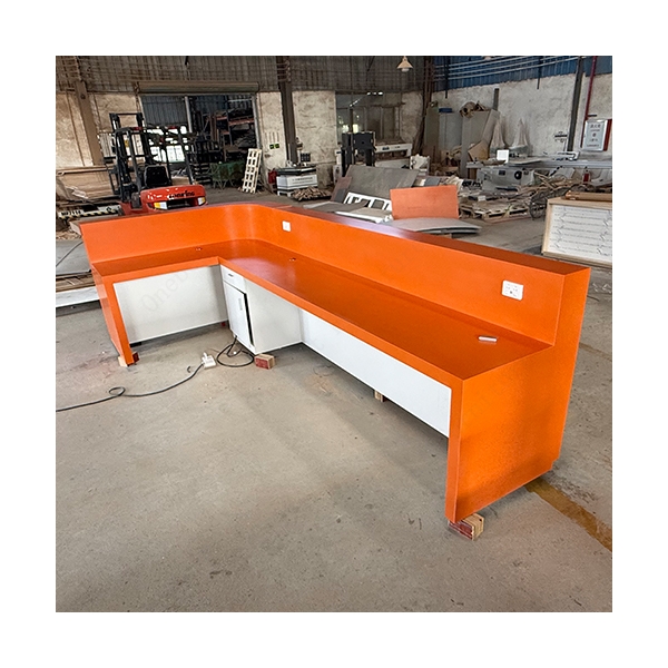 L Shape Orange Corian Marble Reception Desk With Led RGB Strip