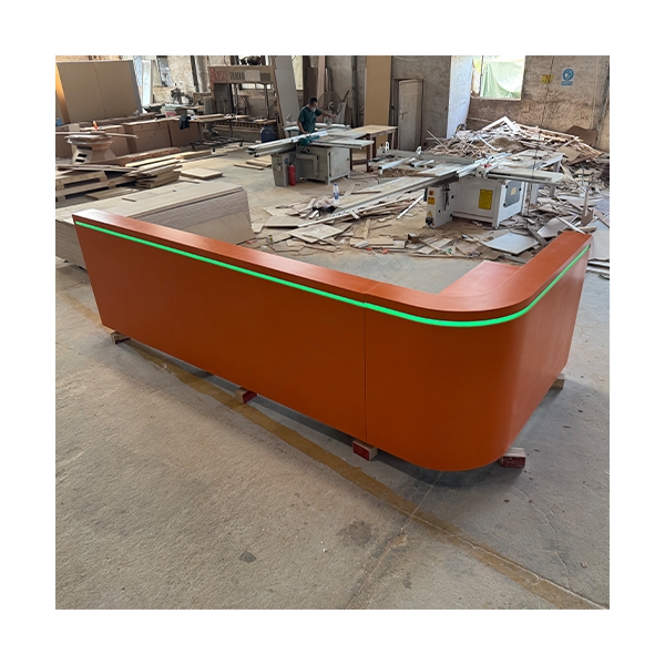 L Shape Orange Corian Marble Reception Desk With Led RGB Strip