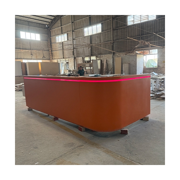 L Shape Orange Corian Marble Reception Desk With Led RGB Strip