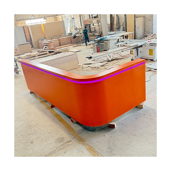L Shape Orange Corian Marble Reception Desk With Led RGB Strip