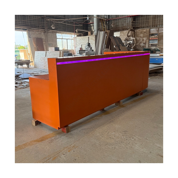 L Shape Orange Corian Marble Reception Desk With Led RGB Strip